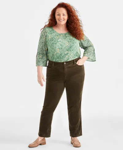 Style & Co Plus Size High-rise Straight-leg Corduroy Pants, Created For Macy's In Midnight Olive