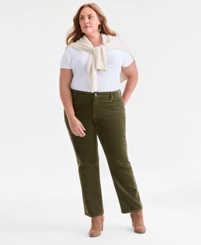 Style & Co Plus Size High-rise Straight-leg Corduroy Pants, Macy's Exclusive In Green