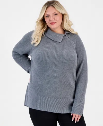 Style & Co Plus Size High-neck Zip Sweater, Macy's Exclusive In Stormy Heather