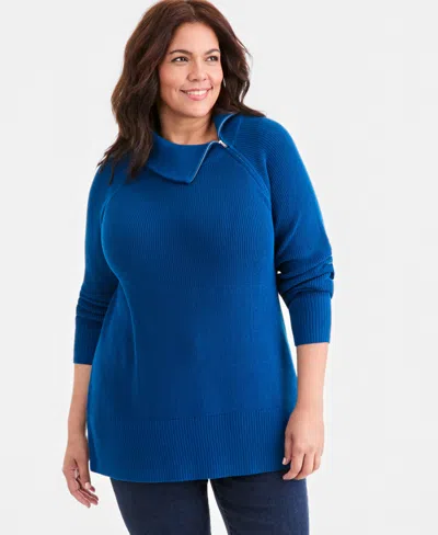 Style & Co Plus Size High-neck Zip Sweater, Macy's Exclusive In Twilight Waters