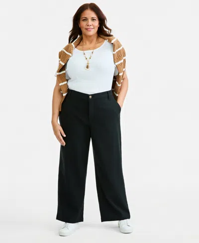 Style & Co Plus Size High-rise Dobby Wide-leg Pants, Macy's Exclusive In Deep Black