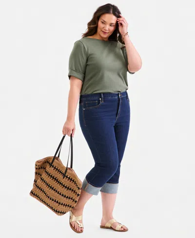 Style & Co Plus Size High-rise High-cuff Capri Jeans, Macy's Exclusive In Blue
