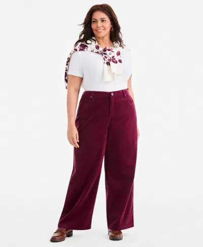 Style & Co Plus Size High-rise Wide-leg Corduroy Pants, Macy's Exclusive In Burgundy