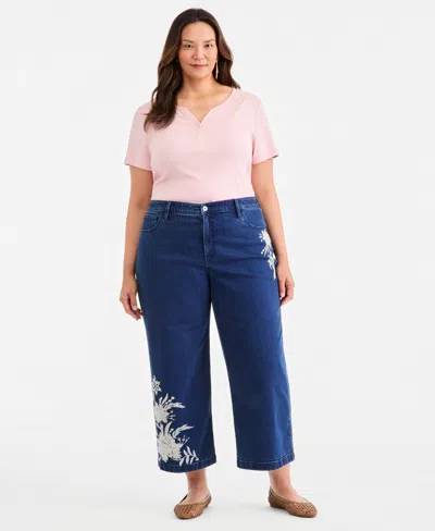 Style & Co Plus Size High-rise Wide-leg Embroidered Ankle Jeans, Macy's Exclusive In Blue