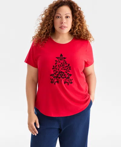 Style & Co Plus Size Holiday Tree Graphic T-shirt, Macy's Exclusive In Red