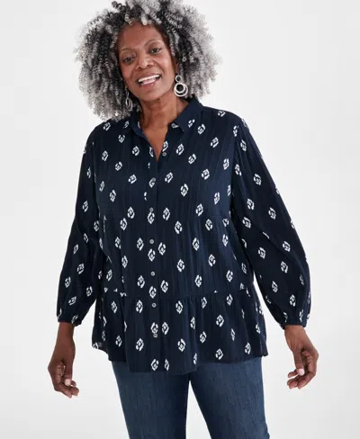 Style & Co Plus Size Ikat Icon Tiered Long-sleeve Shirt, Created For Macy's In Industrail Blue