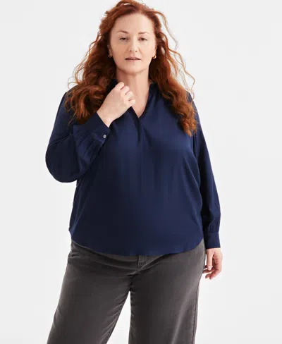Style & Co Plus Size Johnny-collar Long-sleeve Top, Exclusively At Macy's In Industrial Blue