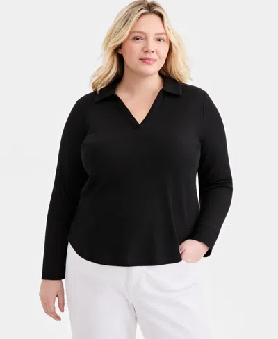 Style & Co Plus Size Johnny-collar Long-sleeve Top, Macy's Exclusive In Black