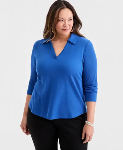 Style & Co Plus Size Waffle-knit Collared Top, Macy's Exclusive In Blue