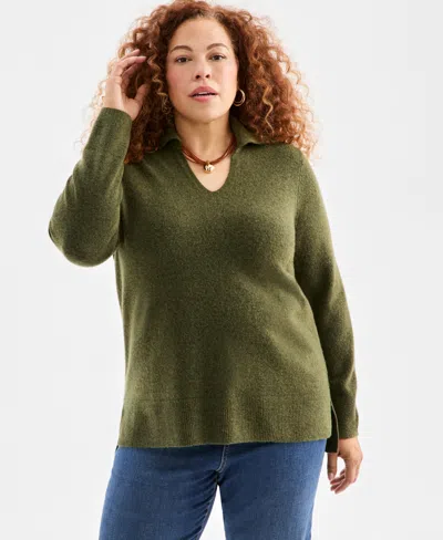 Style & Co Plus Size Johnny Collar Luxe Sweater, Macy's Exclusive In Green