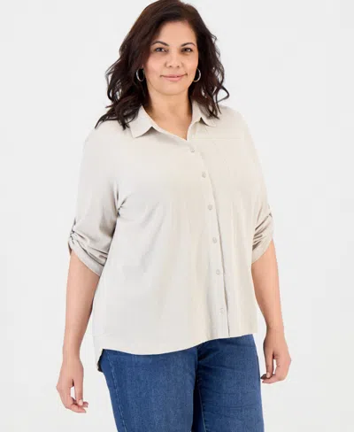 Style & Co Plus Size Knit Roll-tab Shirt, Macy's Exclusive In White
