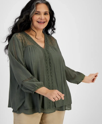 Style & Co Plus Size Lace-trim Long-sleeve Top, Created For Macy's In Olive Drab