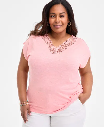 Style & Co Plus Size Lace-trim-v-neck Short-sleeve T-shirt, Exclusively At Macy's