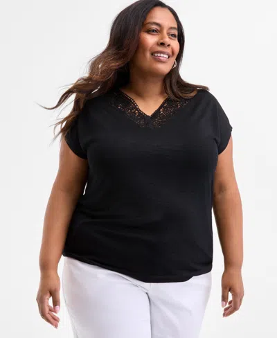 Style & Co Plus Size Lace-trim-v-neck Short-sleeve T-shirt, Exclusively At Macy's