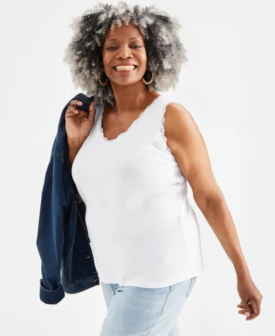 Style & Co Plus Size Lace-trimmed Tank Top, Created For Macy's In Bright White