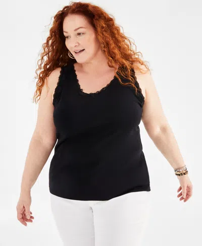Style & Co Plus Size Lace-trimmed Tank Top, Created For Macy's In Deep Black