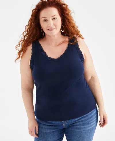 Style & Co Plus Size Lace-trimmed Tank Top, Created For Macy's In Industrial Blue