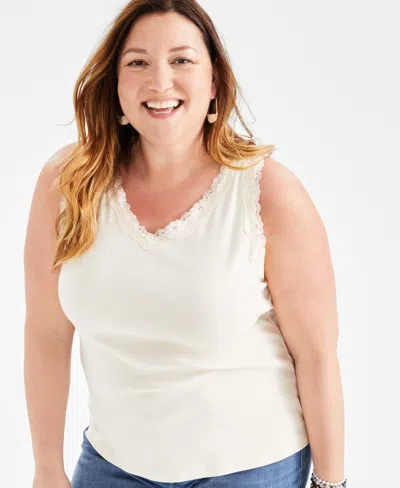 Style & Co Plus Size Lace-trimmed Tank Top, Exclusively At Macy's In Palomino