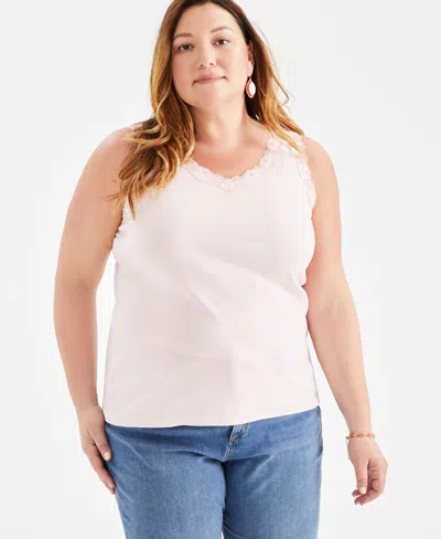 Style & Co Plus Size Lace-trimmed Tank Top, Created For Macy's In Pink Lotus
