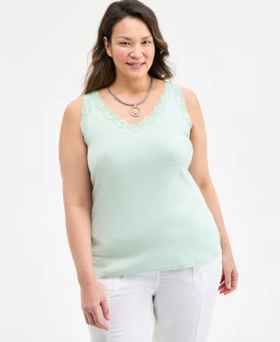 Style & Co Plus Size Lace-trimmed Tank Top, Exclusively At Macy's In Green