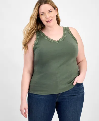 Style & Co Plus Size Lace-trimmed Tank Top, Exclusively At Macy's In Green