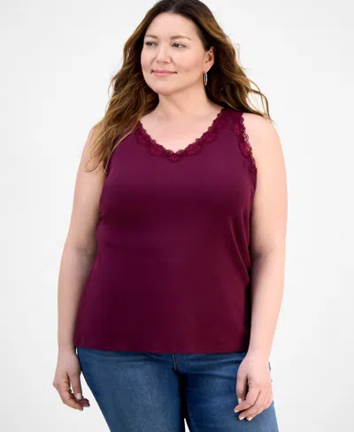 Style & Co Plus Size Lace-trimmed Tank Top, Exclusively At Macy's In Burgundy