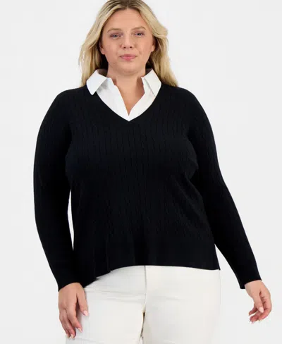 Style & Co Plus Size Layered Cable-knit V-neck Sweater, Macy's Exclusive In Deep Black
