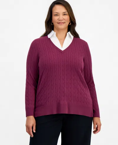 Style & Co Plus Size Layered Cable-knit V-neck Sweater, Macy's Exclusive In New Brickberry