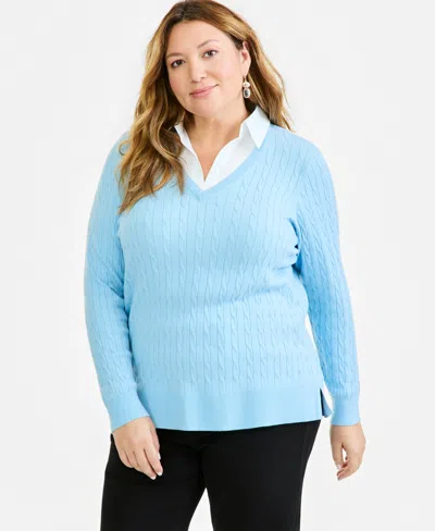 Style & Co Plus Size Layered Cable-knit V-neck Sweater, Macy's Exclusive In Pretty Periwinkle