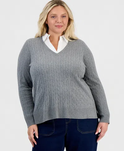 Style & Co Plus Size Layered Cable-knit V-neck Sweater, Macy's Exclusive In Stormy Heather