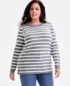 Style & Co Plus Size Legacy Strip Long-sleeve Sweater, Macy's Exclusive In Black