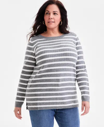 Style & Co Plus Size Legacy Strip Long-sleeve Sweater, Macy's Exclusive In Black