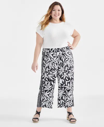 Style & Co Plus Size Linen-blend Printed Wide-leg Cropped Pants, Created For Macy's In Deep Black