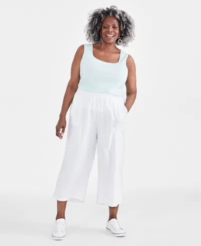 Style & Co Plus Size Linen Drawstring Capri Pants, Created For Macy's In Bright White