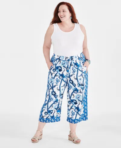 Style & Co Plus Size Linen Printed Drawstring Capri Pants, Created For Macy's In Bright White