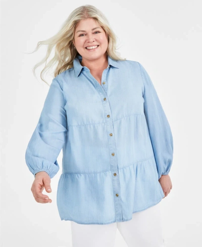 Style & Co Plus Size Long-sleeve Tiered Tunic Shirt, Created For Macy's In Emma Wash