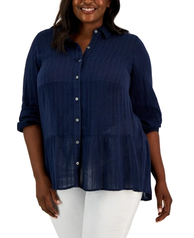 Style & Co Plus Size Long-sleeve Tiered Tunic Shirt, Created For Macy's In Industrial Blue