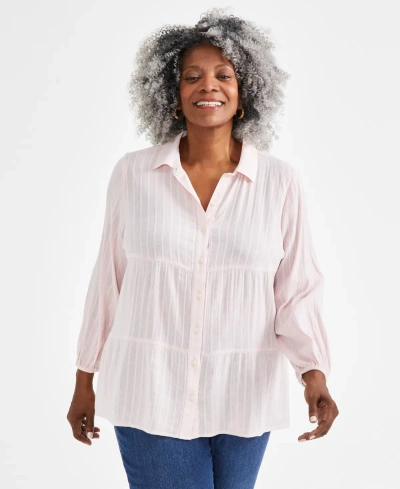 Style & Co Plus Size Long-sleeve Tiered Tunic Shirt, Created For Macy's In Lotus Pink