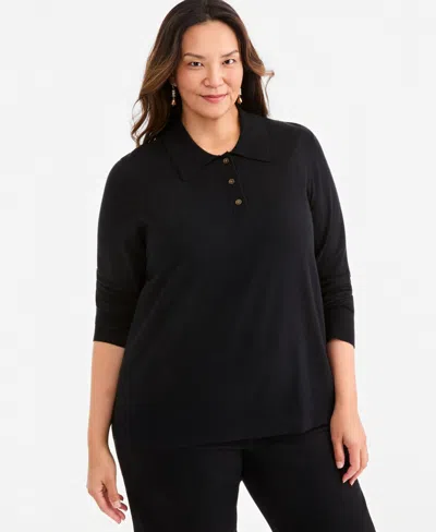 Style & Co Plus Size Long-sleeve Polo Sweater, Macy's Exclusive In Deep Black