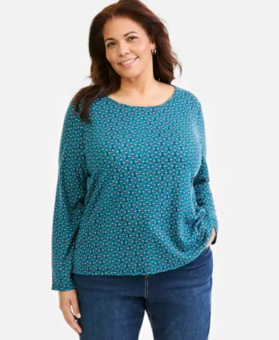Style & Co Plus Size Long-sleeve Scoop Neck Geometric T-shirt, Macy's Exclusive In Industrial Blue