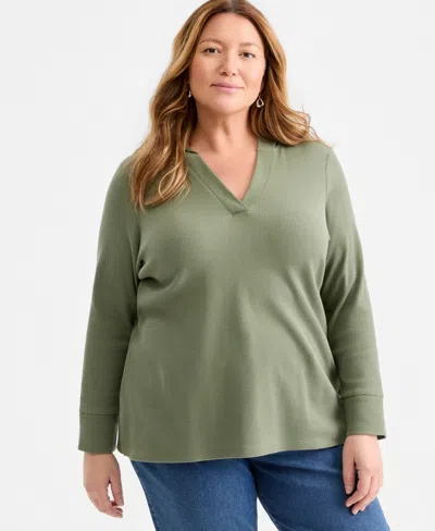 Style & Co Plus Size Long-sleeve V-neck Hoodie, Macy's Exclusive In Green