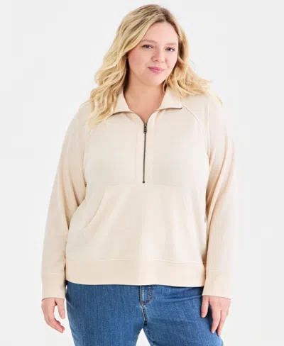 Style & Co Plus Size Luxlounge French Terry Half-zip Sweatshirt, Macy's Exclusive In Neutral