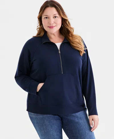 Style & Co Plus Size Luxsoft French Terry Half-zip Sweatshirt, Macy's Exclusive In Blue