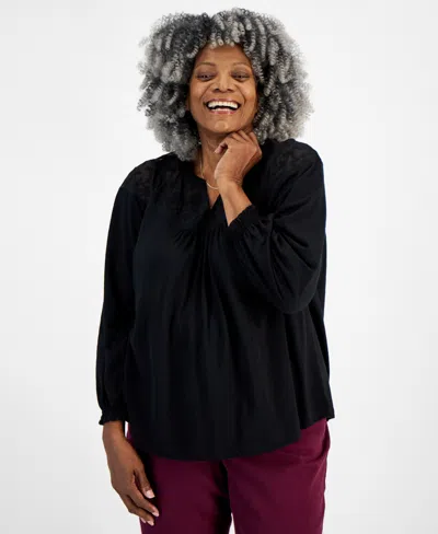 Style & Co Plus Size Mesh-trim Raglan-sleeve Blouse, Created For Macy's In Deep Black