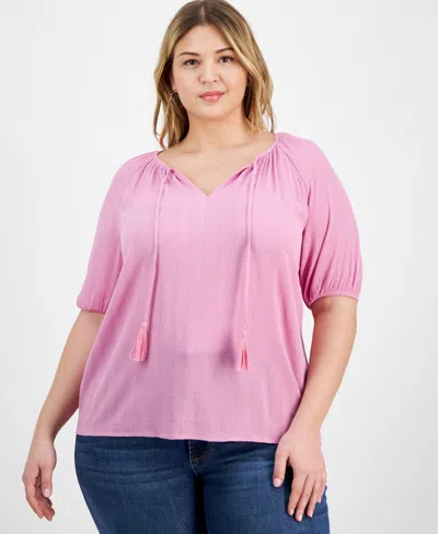Style & Co Women's Split Neck Tassel Shine Top, Created For Macy's In Pink Rain