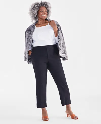 Style & Co Plus Size Mid-rise Linen Blend Everyday Ankle Pants, Created For Macy's In Deep Black