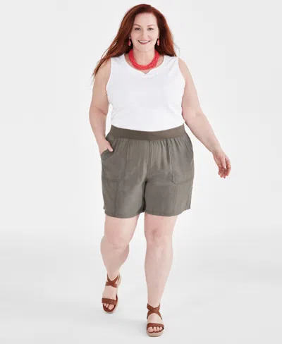 Style & Co Plus Size Mid Rise Pull-on Shorts, Created For Macy's In Olive Drab