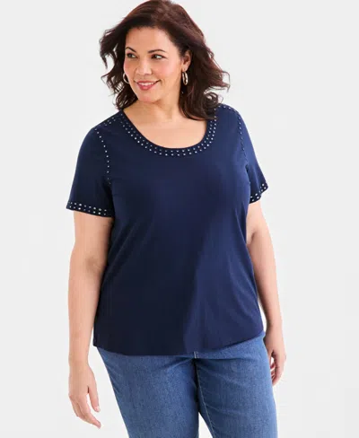 Style & Co Plus Size Mirror Trim Short-sleeve Top, Macy's Exclusive In Blue
