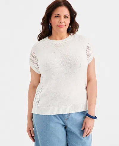 Style & Co Plus Size Mixed Open-stitch Dolman-sleeve Sweater, Macy's Exclusive In White