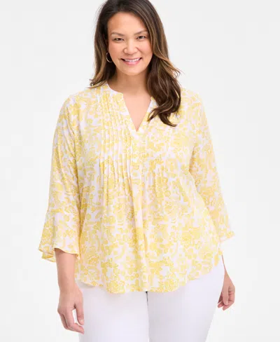 Style & Co Plus Size Morning Glories Pintuck Top, Exclusively At Macy's In White